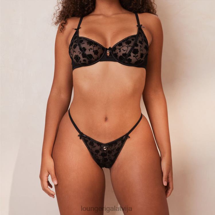 Lounge sievietes melns apakšveļa DJJ8B134 Flocked ziedu balkona krūšturis un siksnas/biksītes